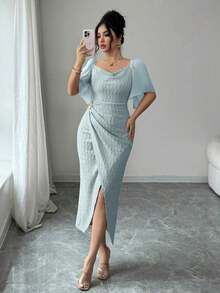 Vestido elegante ajustado con cuello de volantes, mangas de pétalos y hebilla metálica de bloque de color para mujer, primavera/verano - Verde - Ver 6
