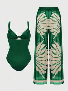 Swim Oasis Traje de baño de una pieza con camisola de patchwork de colores y pantalones de pierna ancha, adecuado para vacaciones en la playa, fiestas en la piscina y fiestas en la playa - Verde - Ver 4