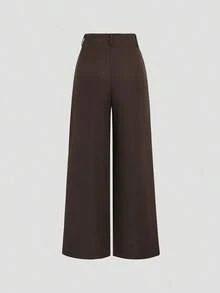 Pantalones anchos de mujer vintage elegantes con textura y plisados, para otoño/invierno - Café integral - Ver 2