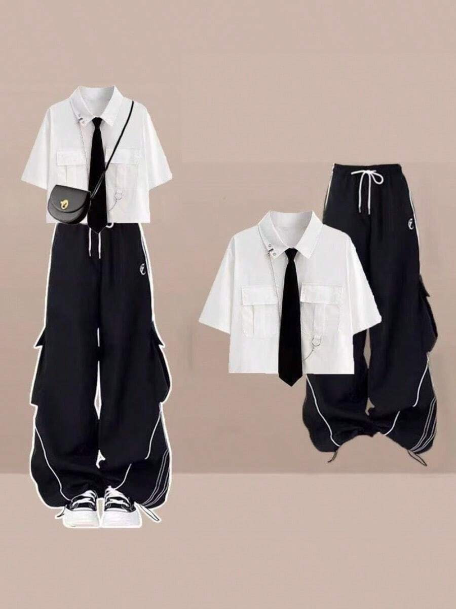 Women Two-Piece Outfits - 白上衣+工裝褲 - 查看 1