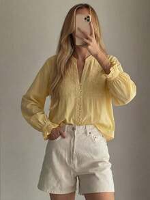 HH Blusa casual de mujer con bordado floral elegante y manga larga calada, primavera/verano - Amarillo - Ver 2