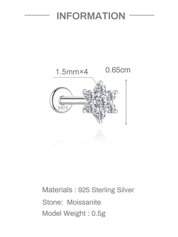 1 chiếc khuyên tai đinh tán phẳng bằng bạc 925 mạ vàng 18K, hình bông tuyết thanh lịch đính đá Moissanite, trang sức xương tai tinh tế, không gây dị ứng, thiết kế không phai màu, hoàn hảo cho hẹn hò hàng ngày, tiệc tùng, đám cưới, mùa lễ hội, quà tặng Ngày của Mẹ và các dịp lễ khác. - Bạc - Xem 7