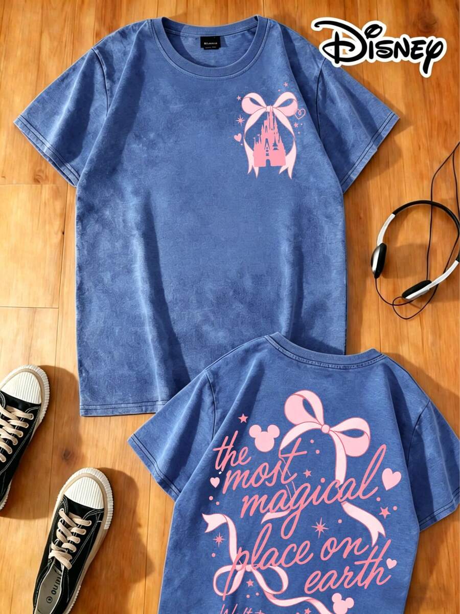 Disney Official Authorization | Women's 100% Washed Cotton Short-Sleeve T-Shirt With Double-Sided Prints Inspired By The Magical World Of Disney. The Design Features A Large Pink Bow As The Centerpiece, Paired With The English Slogan "The Most Magical Place On Earth", And Incorporates Mickey Mouse Head, Star, And Heart Elements, Creating An Overall Sweet And Dreamy Style. The Fabric Is Non-Transparent, Machine Washable, Versatile And Practical, Suitable For Daily Outings And Matching Outfits With Girlfriends. - Blue - View 1