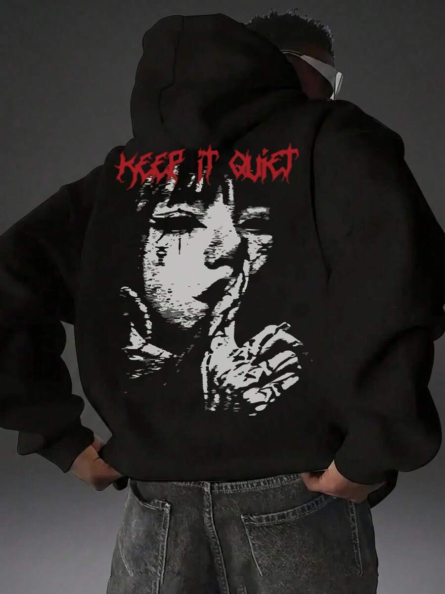 Camvyn Sudadera con capucha casual y holgada con estampado de letras y números para hombres - Negro - Ver 1