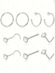 10pcs/Set Assorted Style Nose Rings, Shiny Fashion Nose Piercing Jewelry For Men & Women, L-Shaped, Screw, And Hoop Designs, Low Allergy Stainless Steel Nose Accessories, Suitable For Daily And Holiday Wear - Nose Ornament - View 10
