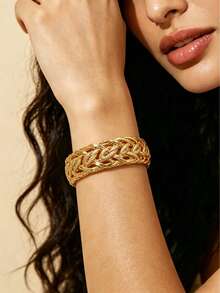 1pc Vintage Ornate Copper-Gilded Woven Bracelet, Hollow Wide Version Bracelet, Openable Bangle From Dubai, Suitable For Women's Weddings/Party Wye-Catching Jewelry, Unique And Grand Wristband - Yellow Gold - View 2