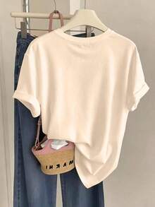 Camiseta de manga corta para mujer con estampado gráfico LOVE, cuello redondo, hombros caídos y diseños de leopardo y cuadros. (Estilo retro, estilo casual, unisex) - Albaricoque - Ver 3