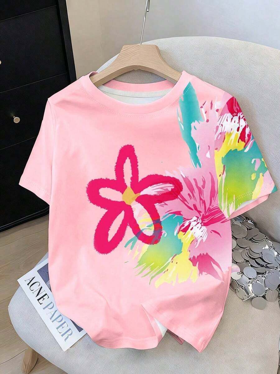 Camiseta de mujer de estilo chino con estampado digital, camiseta de cuello redondo vintage de denim azul con flores y pájaros, camiseta de mujer con estampado digital de flores y pájaros orientales, top casual de verano de cuello redondo - Rosa 2 - Ver 1
