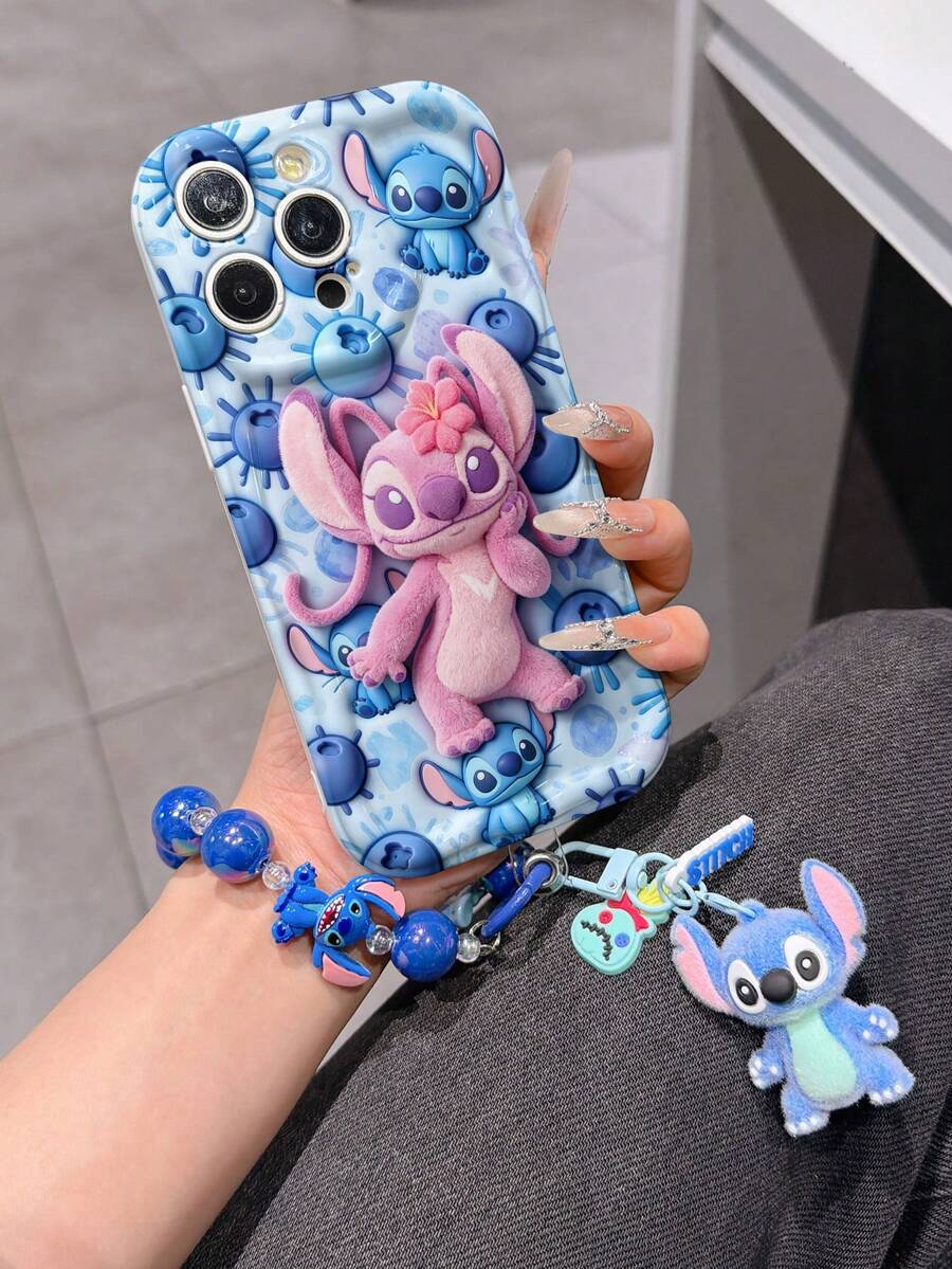 Disney Has Authorized, Phone Case - Chain Set, The Stitch Lilo & Stitch 3D Phone Case Plus A Silicone 3D Stitch Bracelet With Metallic Ring Removable Bracelet, Stitch And Angel Pattern, Compatible With Iphone17/16/15/14/13/12/11/XS/XR/X Plus Pro Max, A Stylish Cartoon Phone Case, The Perfect Gift Choice, Phone Protection, Durable Phone Cover, Great Gift For Friends And Family. - 白色 - 查看 1