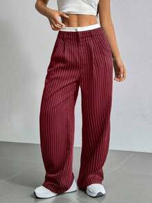 Pantalones anchos de mujer con pliegues y rayas, con cintura de bloques de color para otoño/invierno - Burdeos - Ver 3