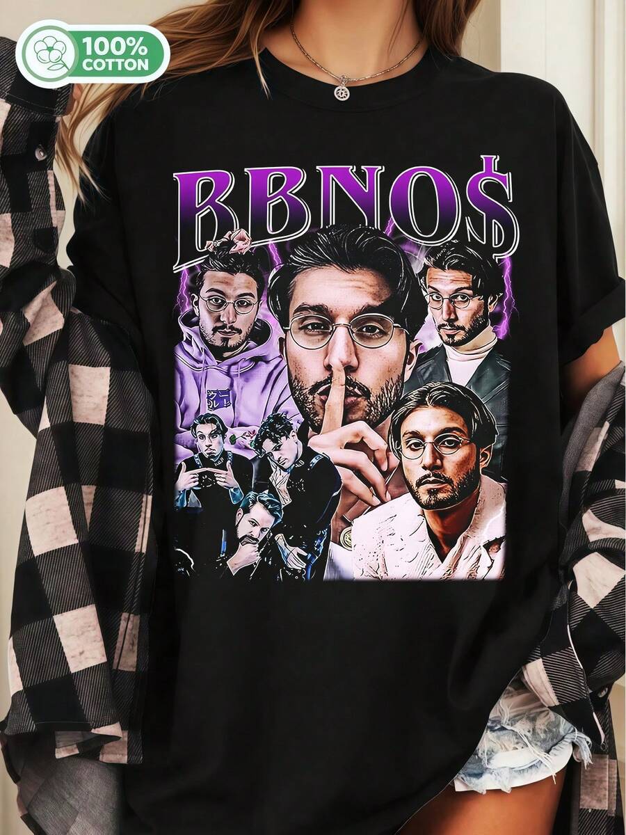 Bbno$ Rapper Vintage Collage Unisex Cotton T-Shirt Hip Hop Streetwear Graphic Casual Tee - Black - View 1