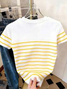 Camiseta de mujer de manga corta con cuello redondo y bloques de color a rayas - Multicolor 5 - Ver 2