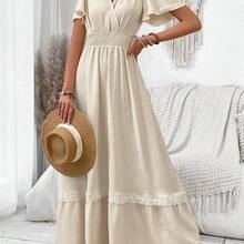 V-Neck Ruffle Sleeve Solid Color Vacation Style Spring/Summer Dress Maxi Women Outfit - Albaricoque - Ver 5