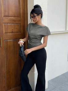 Blusa de manga corta con pliegues en la cintura y bajo asimétrico, estilo elegante de oficina para mujer - Gris - Ver 5