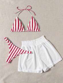 3 piezas de bikini - Bottom a rayas azul y blanco, shorts de cubrir blancos, ropa de playa casual para vacaciones de primavera/verano, fiesta en la playa - Rojo - Ver 3