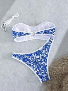 Set de 2 piezas Bikini bandeau con estampado floral rosa para mujer, con tirantes desmontables adecuado para vacaciones en la isla y sesiones de fotos en la playa en verano - Multicolor 14 - Ver 2