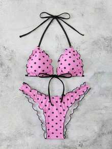 Conjunto de bikini de dos piezas con estampado de lunares, camiseta con lazo sexy y traje de baño para vacaciones en la playa para mujer - Rosa 3 - Ver 4