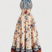 Vestido largo lindo retro elegante con estampado floral y cuello en V de talla grande para mujer - Multicolor - Ver 3