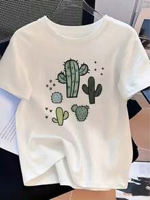 Camiseta con estampado de ilustraciones de cactus de dibujos animados, camiseta casual, camiseta diaria, camiseta de vacaciones, camiseta deportiva para mujer, blusa casual mujer, playeras de mujer algodón - Blanco - Ver 1