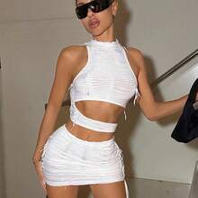 ICON Y2k Summer Women's Slim Fit Asymmetrical Distressed Fabric Hollow Out Tank Top And Drawstring Skirt White Two Piece Set - Blanco - Ver 4