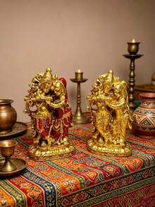 1pc Handmade Golden Radha Statue, Resin Sacred Couple Sculpture, Home Temple Decor, Diwali Wedding Gift - Multicolor - View 1