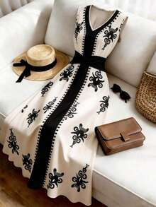 Vestido casual de mujer sin mangas con estampado de posicionamiento simple, vestido acampanado con cintura ceñida, adecuado para verano casual, vacaciones, primavera/verano, oficina, diario, fiesta, playa, graduación, uso versátil de oficina, ves - Multicolor 2 - Ver 3
