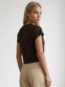 Women's Solid Color Round Neck Casual Versatile Daily Wear Top - Coffee Brown - View 4