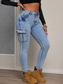 Skinny Cargo Jeans, Washed, Stretchy, With Multiple Pockets, Butt-Lifting Effect, Tummy Control And Fitted Cuffs - Light Wash - View 3