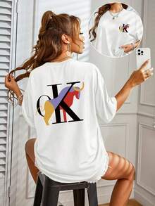 Women's Casual Short Sleeve T-Shirt - Loose Fit, Crew Neck With Bold K Graphic Print, Medium Stretch Fabric, All-Season Comfort, Machine Washable, Multiple Options, Women's T-Shirts, Everyday Comfort, Relaxed Fit T-Shirt, Medium Stretch Fabric, Versatile Top, Minimalist Design, Breathable Material, Printed T-Shirt, Streetwear Style Y2k - 白色 - 查看 10