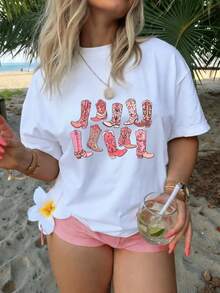 Women Pure Cotton T Shirt Fun Print Cowboy Boots Pattern Elegant Cute Summer Outfit Y2k Fashion High Quality Summer Wear Party Women Clothing Trendy Beach Look Casual Top For Vacation And Weekend Style - Blanco - Ver 1