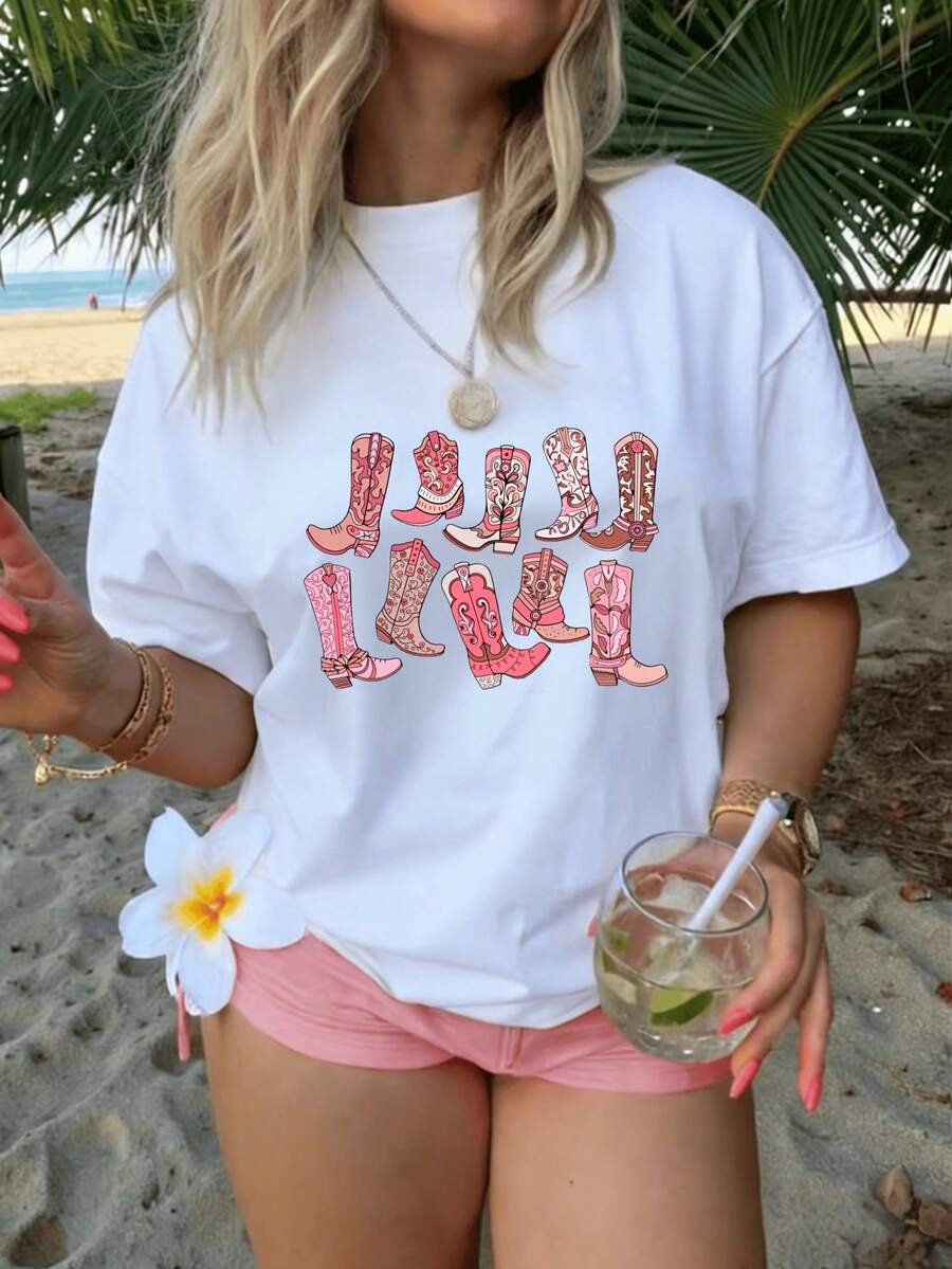 Women Pure Cotton T Shirt Fun Print Cowboy Boots Pattern Elegant Cute Summer Outfit Y2k Fashion High Quality Summer Wear Party Women Clothing Trendy Beach Look Casual Top For Vacation And Weekend Style - Blanco - Ver 1
