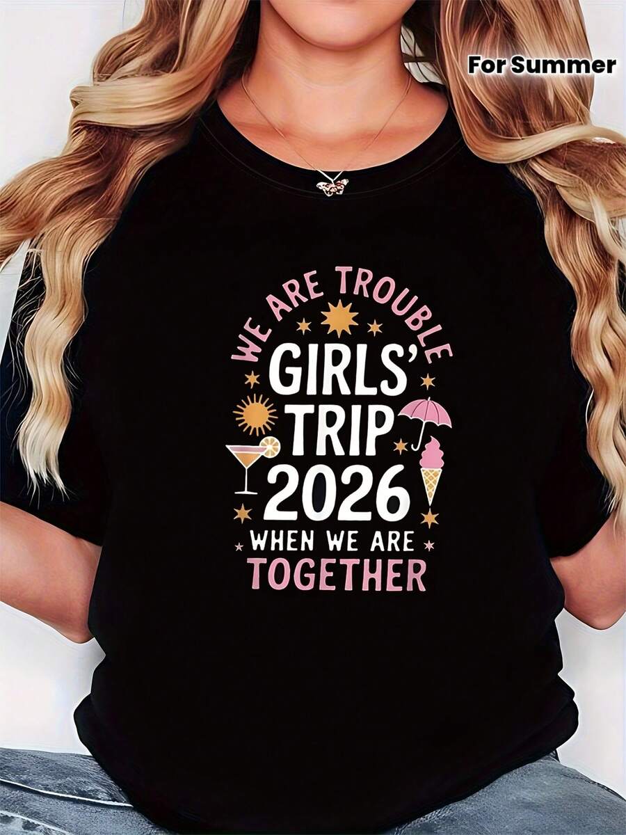 Camiseta de mujer, "Viaje 2026" Bestie impresión de viaje, camiseta de estilo Bestie juguetón, adecuado para viajes Bestie, fiestas de cumpleaños y otras ocasiones, camiseta de cuello de tripulación de manga corta negra impresa - lavable en máquina, adecuado para la primavera, el verano y el otoño
