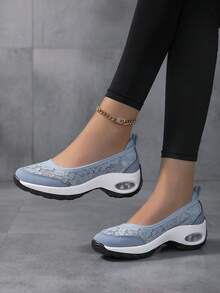 Women's Lace Casual Sneakers, Fashionable Comfortable Air Cushion Shoes, Hollow Breathable, Spring/Summer New Style, Back To School Season - Blue - View 3