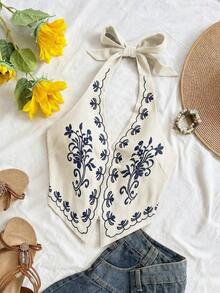 Top corto para mujer estilo bohemio sin mangas con diseño de espalda de tirantes, cuello halter con diseño anudado y bordados florales, adecuado para festivales de música - Azul marino - Ver 3