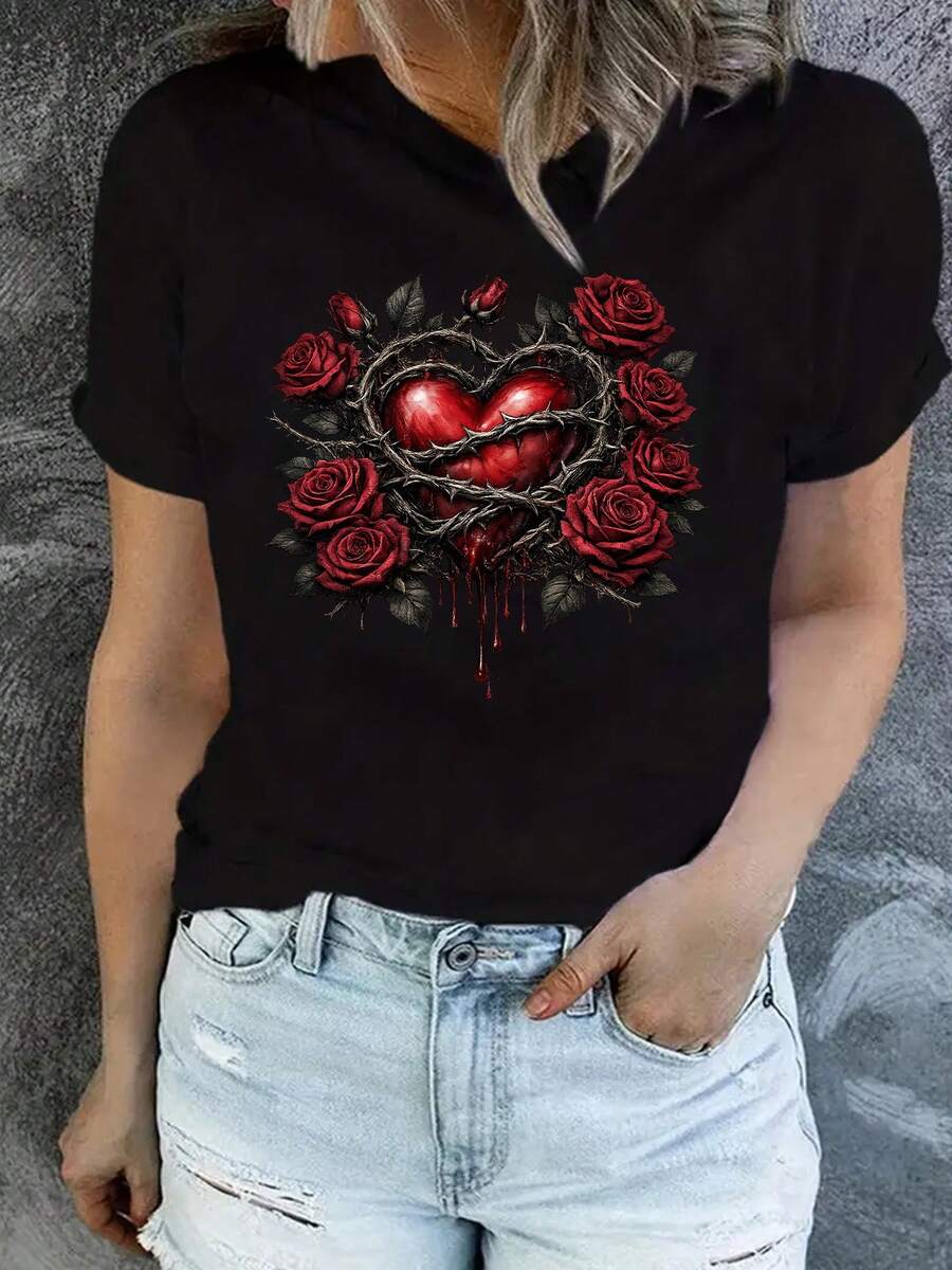 Unisex Short-Sleeved Gothic Style T-Shirt With Red And Pink Heart Print. Suitable For Home And Outings, Plus A Great Gift Choice; Ideal For Holidays Like Easter And Anniversaries. Perfect For Casual Gamers, Men, Women, Boho Chic, Teacher Gifts, T-Shirt For Curvy Women's Outfits, And 2K. - 黑色 - 查看 1