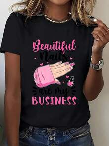 Camiseta gráfica de las mujeres "hermosas uñas son mi negocio" - camiseta suave y transpirable con diseño de arte de uñas, cuello redondo, lavable en máquina, regalo perfecto para técnicos de uñas y entusiastas, ropa deportiva, top de impresión juguetona, tela elástica media - Negro - Ver 2