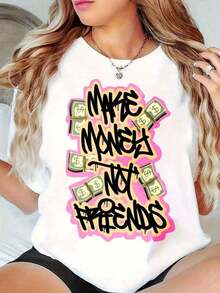 Conjunto para el Día de la Madre, Camisetas Gráficas, Camisetas Gráficas de Cuello Redondo Extra Grandes para Mujer, Camiseta 100% Algodón, Ropa Casual "Make Money Not Friends", Tops de Manga Corta Holgados de Primavera, Camisetas Básicas de Moda, Regalo de Ropa para Mujeres, 100% Algodón, Tops de Mujer - Blanco - Ver 1