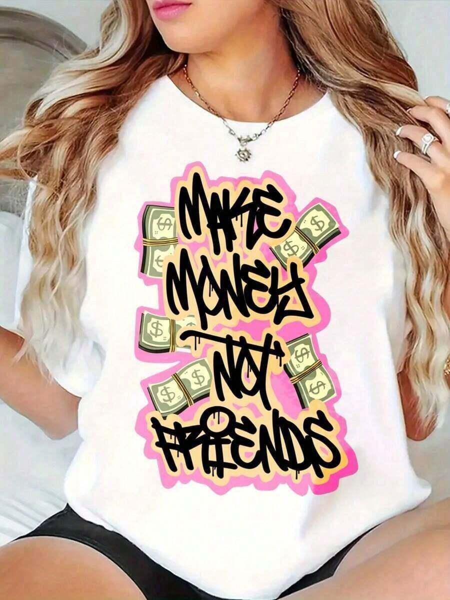 Conjunto para el Día de la Madre, Camisetas Gráficas, Camisetas Gráficas de Cuello Redondo Extra Grandes para Mujer, Camiseta 100% Algodón, Ropa Casual "Make Money Not Friends", Tops de Manga Corta Holgados de Primavera, Camisetas Básicas de Moda, Regalo de Ropa para Mujeres, 100% Algodón, Tops de Mujer - Blanco - Ver 1