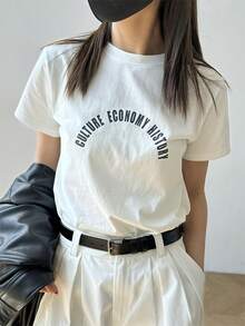 Classic Unisex Casual T-Shirt - Loose Fit, Short Sleeve, Round Neck, Letter Print, Simple White Design, Suitable For Spring, Autumn And Summer, Comfortable For Daily Wear, Seasonal Fashion, Printed T-Shirt, Loose Summer T-Shirt. - 白色 - 查看 5