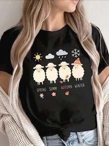 LooseKickHaus - Camiseta de manga corta ligera y duradera con un adorable diseño de oveja para todas las estaciones, perfecta para uso casual en casa, en la oficina o al aire libre, con estampados suaves que representan primavera, verano, otoño e invierno. Camiseta de algodón para mujer, transpirable y absorbente de sudor, de manga corta para verano. - Negro - Ver 3