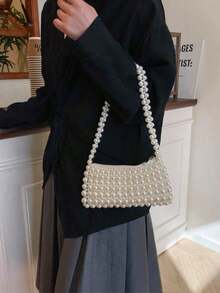 Dedoo 1pc Pearl Beaded Woven Faux Pearl Handbag, Multifunctional Women's Shoulder Bag Suitable For Formal Occasions Or Daily Commute - White - View 5