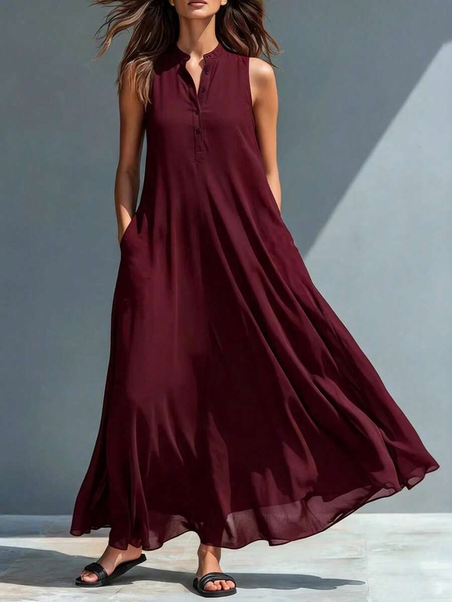 New Summer Vest Dress For Women, Casual And Fashionable Style, Lightweight Fabric, Flattering Straight Cut, Perfect For Daytime Looks, Outings And Summer Transition Looks - 酒紅色 - 查看 1