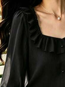2026 New Ruffled Front Button Square Collar Blouse, Unique Design Sheer Aesthetic For Women Black - Black - View 5