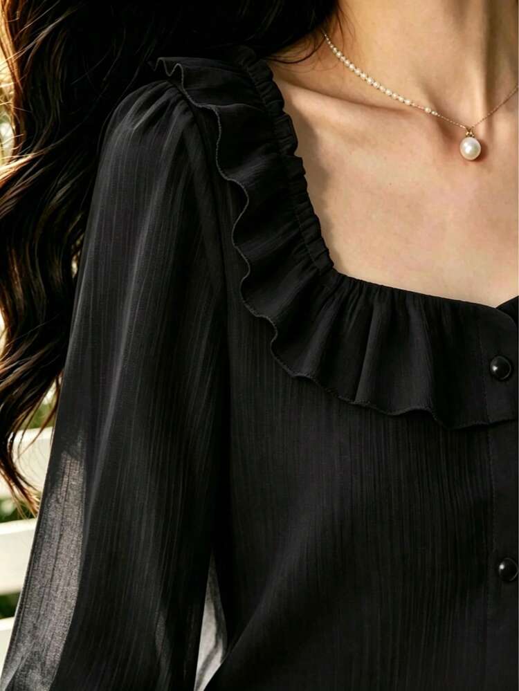 2026 Nueva blusa con cuello cuadrado, botones y volantes delanteros, diseño único y estético transparente para mujeres en color negro - Negro - Añade 4