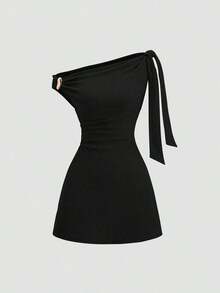 Vestido sin mangas con cuello asimétrico ajustado y drapeado de unicolor - Negro - Ver 3