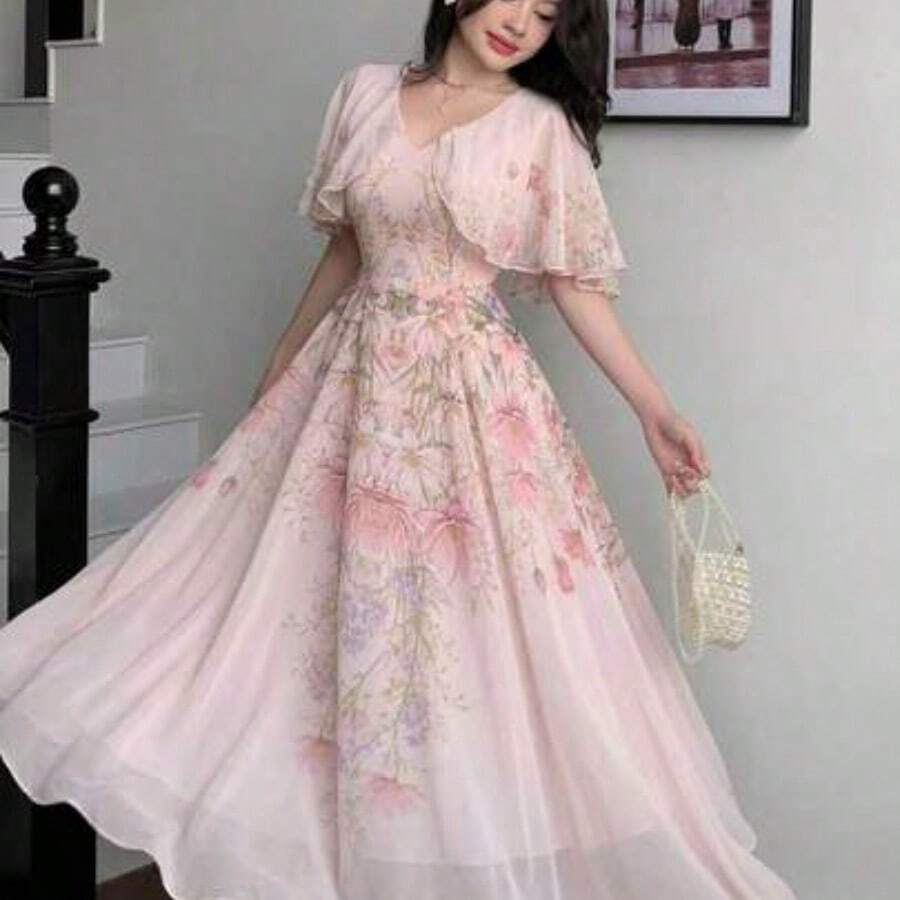 V-Neck Shawl Design Waist Cinched Flared Floral Print Chiffon Dress For Women - Rosa Pálido - Ver 1