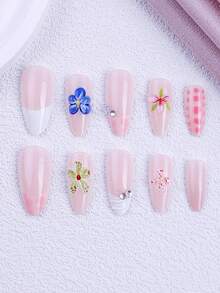 NAIO Enhance Your Style,24Pcs Long Almond Spring Summer Press On Nails,Floral & Polka Dot With Steel Ball French Tip Design,Acrylic False Nail Set,Includes Jelly Gel & Nail File,Easy Wear For Women Girls,Daily,Work,Rave Party Nail Supplies - Multicolor - View 2