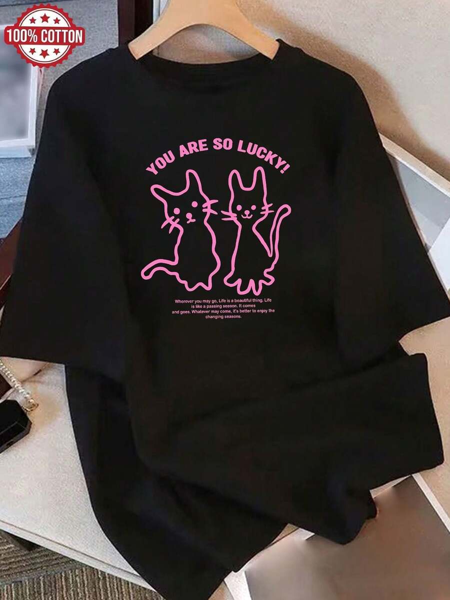 Camiseta de Mujer: Camiseta de Verano Moderna de Algodón Puro, Cuello Redondo Holgado, Ropa Versátil para Mujer, Camiseta Casual Cómoda para Adolescentes, Tops de Manga Corta Vibrantes y Juveniles para Uso Diario. - Negro - Ver 1