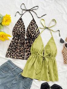 WYWH 2 piezas Camiseta sin espalda con escote en V y tirantes con estampado de leopardo sexy, adecuada para vacaciones, citas, té de la tarde, vacaciones, festivales de música, estilo bohemio - Verde - Ver 4