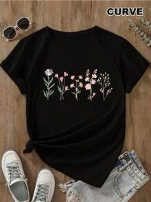 Camisetas con Estampados Florales, Camiseta de Manga Corta para Mujer en Tallas Grandes, Corte Holgado, Tela Suave, Estilo Sencillo, Perfecta para Uso Diario, 100% Algodón - Negro - Ver 1